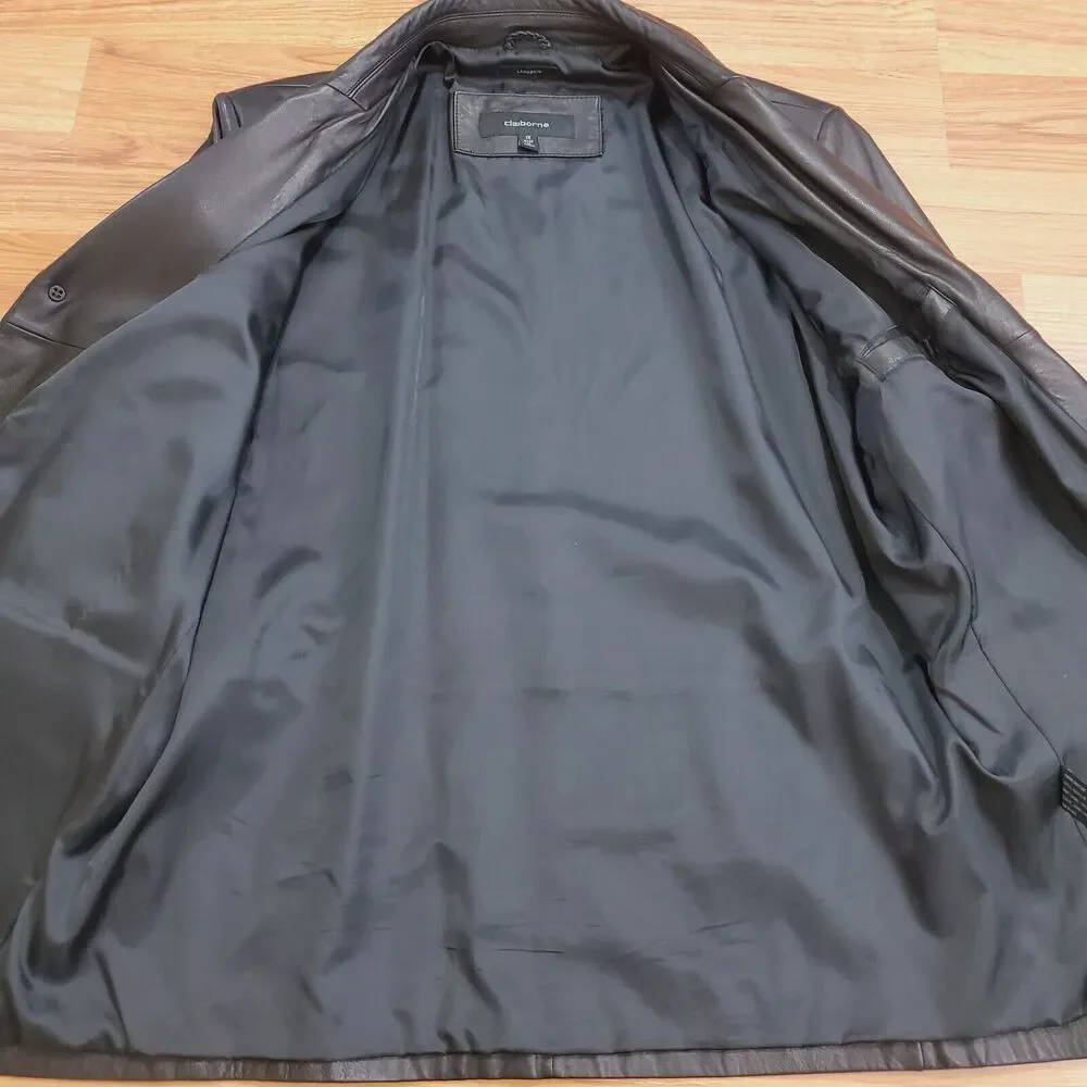 Claiborne Longer Coat Men 1X Black Lambskin Leather Jacket 3 Button Lined Blazer